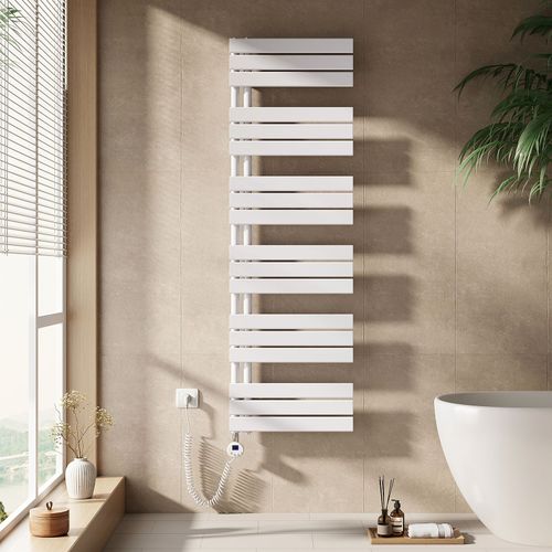 EMKE Sèche-serviettes électrique avec thermostat, panneau chauffant, tige chauffante avec minuterie, 159,9 x 50 cm, 1000 W, blanc brillant