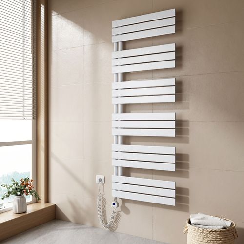 EMKE Sèche-serviettes électrique avec thermostat, panneau chauffant, tige chauffante avec minuterie, 159,9 x 60 cm, 1000 W, blanc brillant