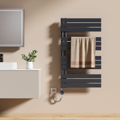 EMKE Sèche-serviettes électrique avec thermostat, panneau chauffant, tige chauffante avec minuterie, 104,1 x 60 cm, 600 W, gris anthracite