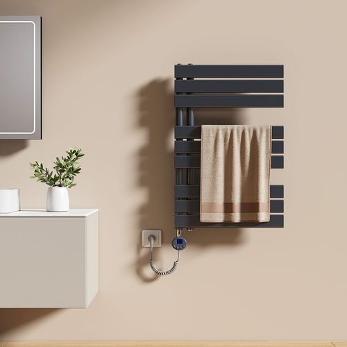EMKE Sèche-serviettes électrique avec thermostat, panneau chauffant, tige chauffante avec minuterie, 76,2 x 50 cm, 400 W, gris anthracite