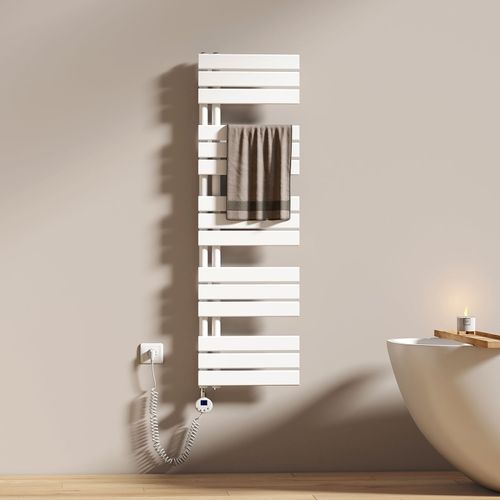 EMKE Sèche-serviettes électrique avec thermostat, panneau chauffant, tige chauffante avec minuterie, 132 x 40 cm, 600 W, blanc brillant