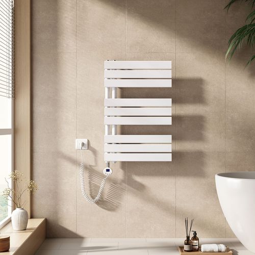 EMKE Sèche-serviettes électrique avec thermostat, panneau chauffant, tige chauffante avec minuterie, 76,2 x 50 cm, 400 W, blanc brillant
