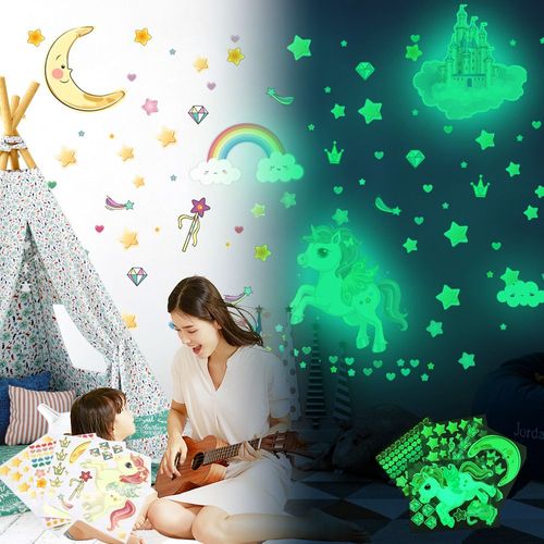 Licorne Étoile Lumineuse Plafond Stickers Muraux-Étoile Fluorescente - Arc en Ciel Décoration Chambre Enfant et Fille