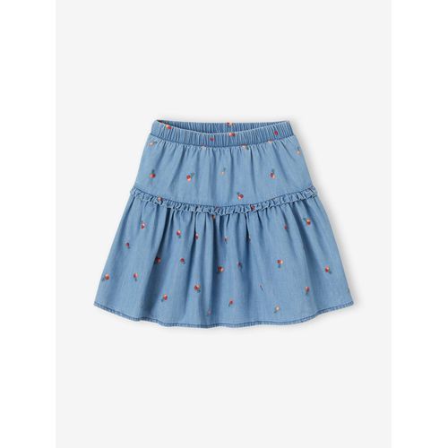 Jupe Brodée Cerises Fille En Denim Léger Stone