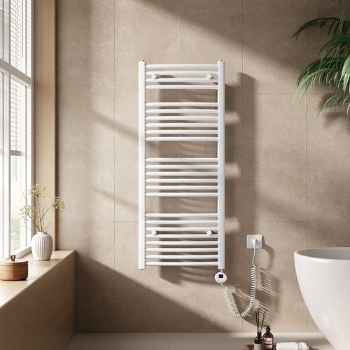 EMKE Sèche-serviettes électrique avec thermostat 120 x 50 cm, radiateur de salle de bain incurvé, sèche-serviettes électrique avec tige chauffante, blanc brillant, 500 watts