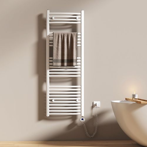 EMKE Sèche-serviettes électrique avec thermostat 140 x 50 cm, radiateur de salle de bain incurvé, sèche-serviettes électrique avec tige chauffante, blanc brillant, 600 watts
