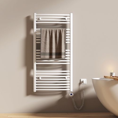 EMKE Sèche-serviettes électrique avec thermostat 120 x 60 cm, radiateur de salle de bain incurvé, sèche-serviettes électrique avec tige chauffante, blanc brillant, 600 watts