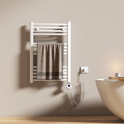 EMKE Sèche-serviettes électrique avec thermostat 75 x 50 cm, radiateur de salle de bain incurvé, sèche-serviettes électrique avec tige chauffante, blanc brillant, 300 watts