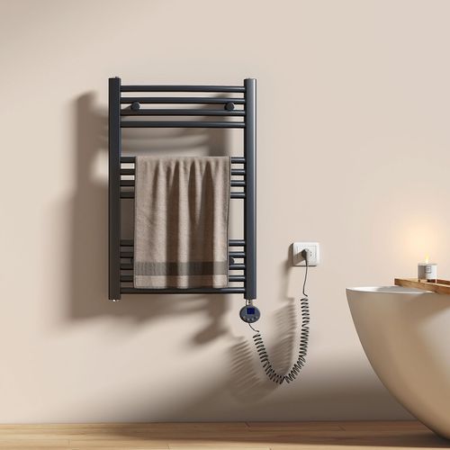 EMKE Sèche-serviettes électrique avec thermostat 75 x 50 cm, radiateur de salle de bain incurvé, sèche-serviettes électrique avec tige chauffante, gris anthracite, 300 watts