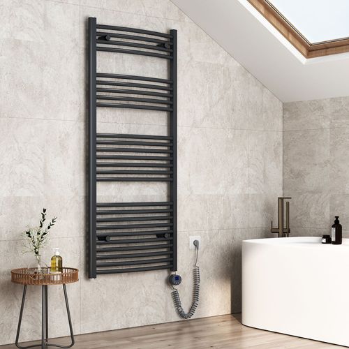 EMKE Sèche-serviettes électrique avec thermostat 140 x 60 cm, radiateur de salle de bain incurvé, sèche-serviettes électrique avec tige chauffante, gris anthracite, 600 watts