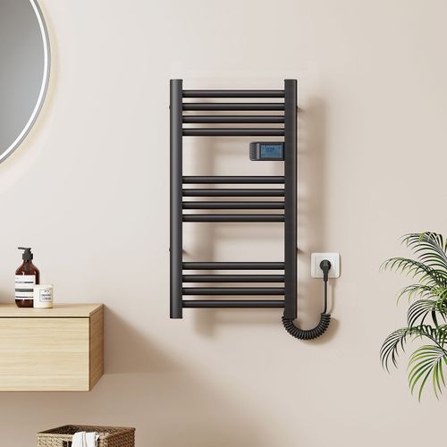 EMKE Radiateur sèche-serviettes électrique 75 x 40 cm, radiateur de salle de bain avec minuterie tactile, sèche-serviettes, chauffe-serviettes électrique, noir givré, 180 W