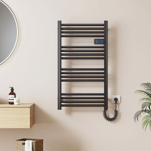 EMKE Radiateur sèche-serviettes électrique 96 x 54 cm, radiateur de salle de bain avec minuterie tactile, sèche-serviettes, chauffe-serviettes électrique, noir givré, 500 W