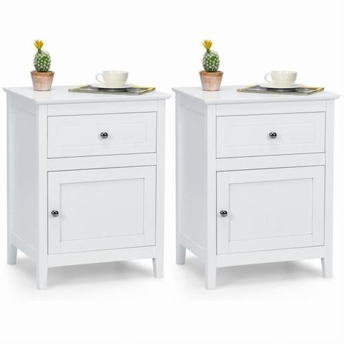 Costway Lot De 2 Table De Chevet Avec Tiroir Et Grand Placard, 48 X 38 X 63,5 Cm, Table De Nuit Avec Pieds En Bois Massif, Blanc