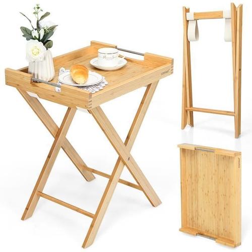 Costway Table D'appoint Pliante En Bambou Avec Plateau Amovible, Petite Table Basse Avec Poignée En Acier Inoxydable 47x38x58,5 Cm