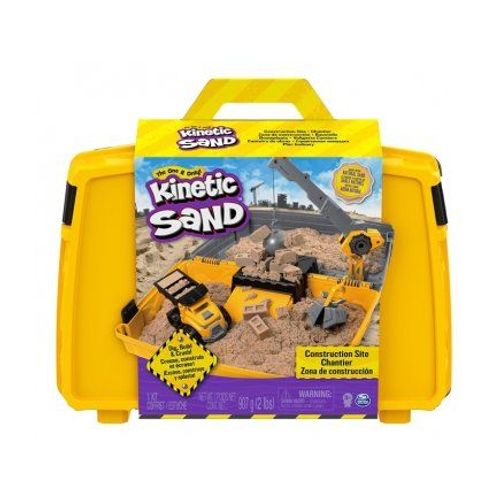 Kinetic Sand - Mallette Chantier Construction - 907g sable magique, Grue, Camion, Moule, Bac - Set Activites Garcon et carte