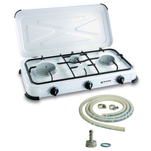 Rechaud gaz portable 3 feux 3450W Blanc laque Couvercle Plaque de cuisson + Tuyau gaz KEMPER