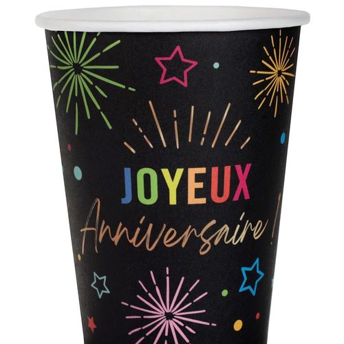 6 GOBELETS CARTON ANNIVERSAIRE MULTI 27CL NOIR
