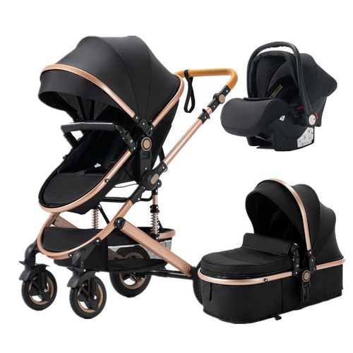 Poussette Combiné 3 En 1 Pliant Trio Bébé Confort Nouveau Né Siège Auto Nacelle Landau Cadre Robuste En Aluminium Noir Et Or