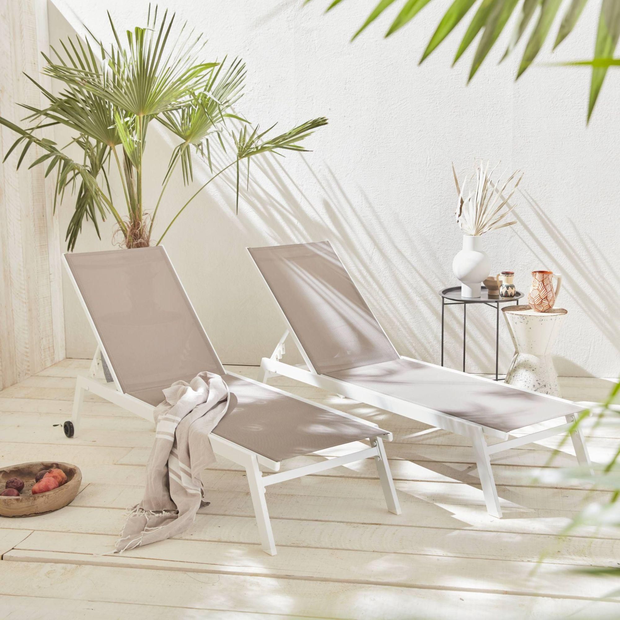 Lot De 2 Bains De Soleil Elsa En Aluminium Blanc Et Textilne Taupe. Transa... - 2