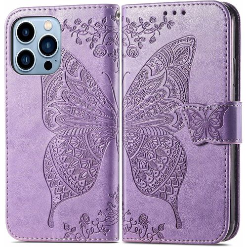 Coque Portefeuille Pour Iphone 13 Pro Max Avec Porte Carte Papillon, Coque A Clapet Magnetique Pour Iphone 13 Pro Max Violet, Housse Portefeuille En Faux Cuir Pour Iphone 13 Pro Max Etui Pour Femme