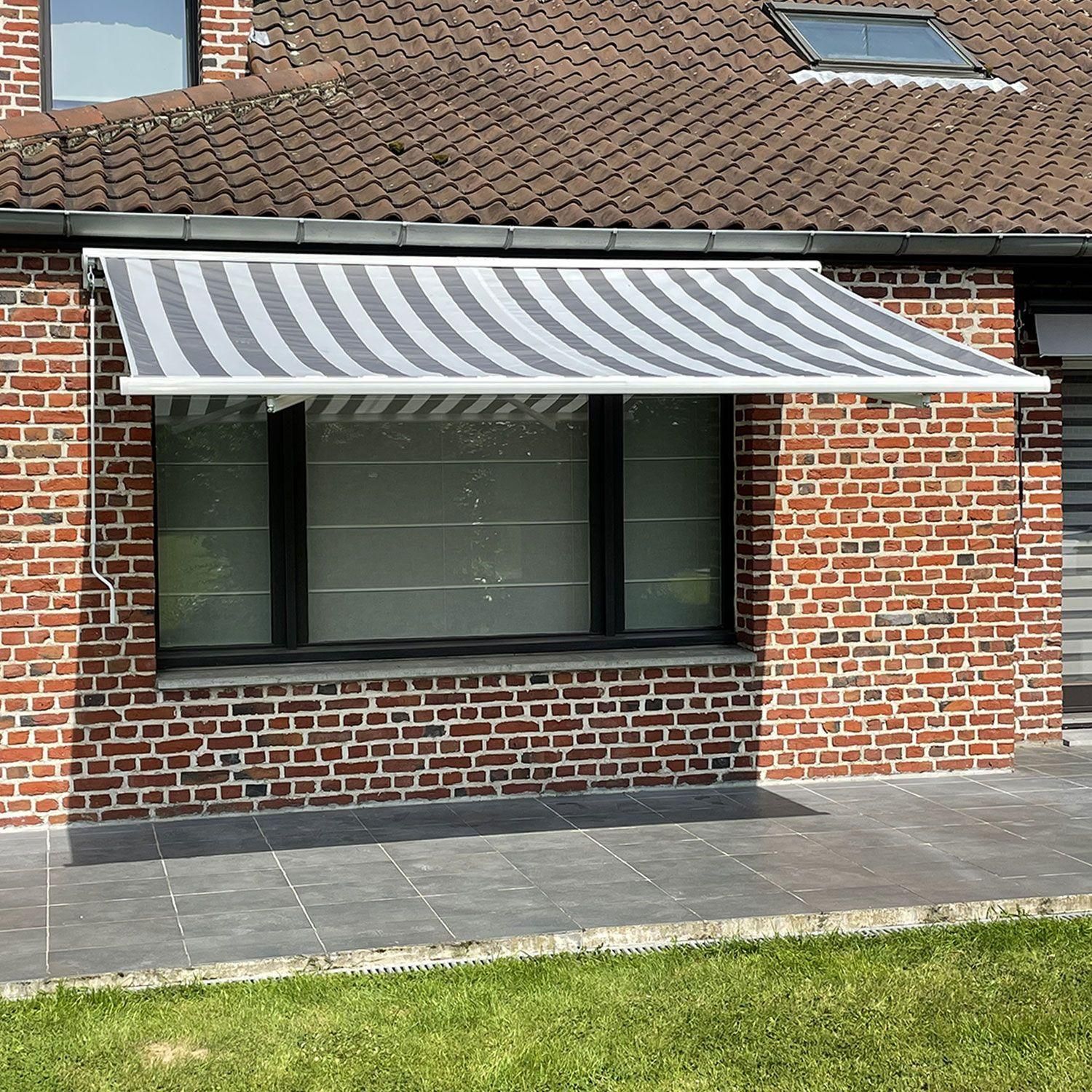 Store Banne Saule 3,5  3m Avec Semi-Coffre - Toile Raye Blanche/Grise Et ... - 5