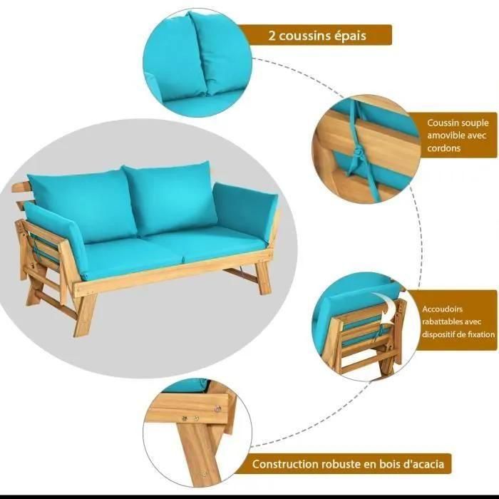 Costway 2 En 1 Canap Lit De Jardin Extensible En Bois DAcacia - 2 Places,... - 3