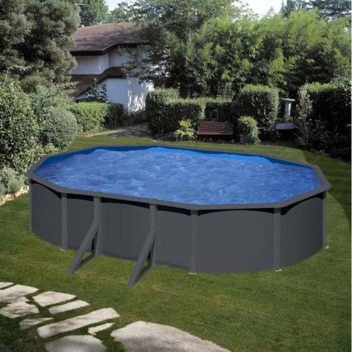 Piscine ovale acier 6,34m x 3,99m x H: 1,22m - Gris anthracite - Filtration... - 2