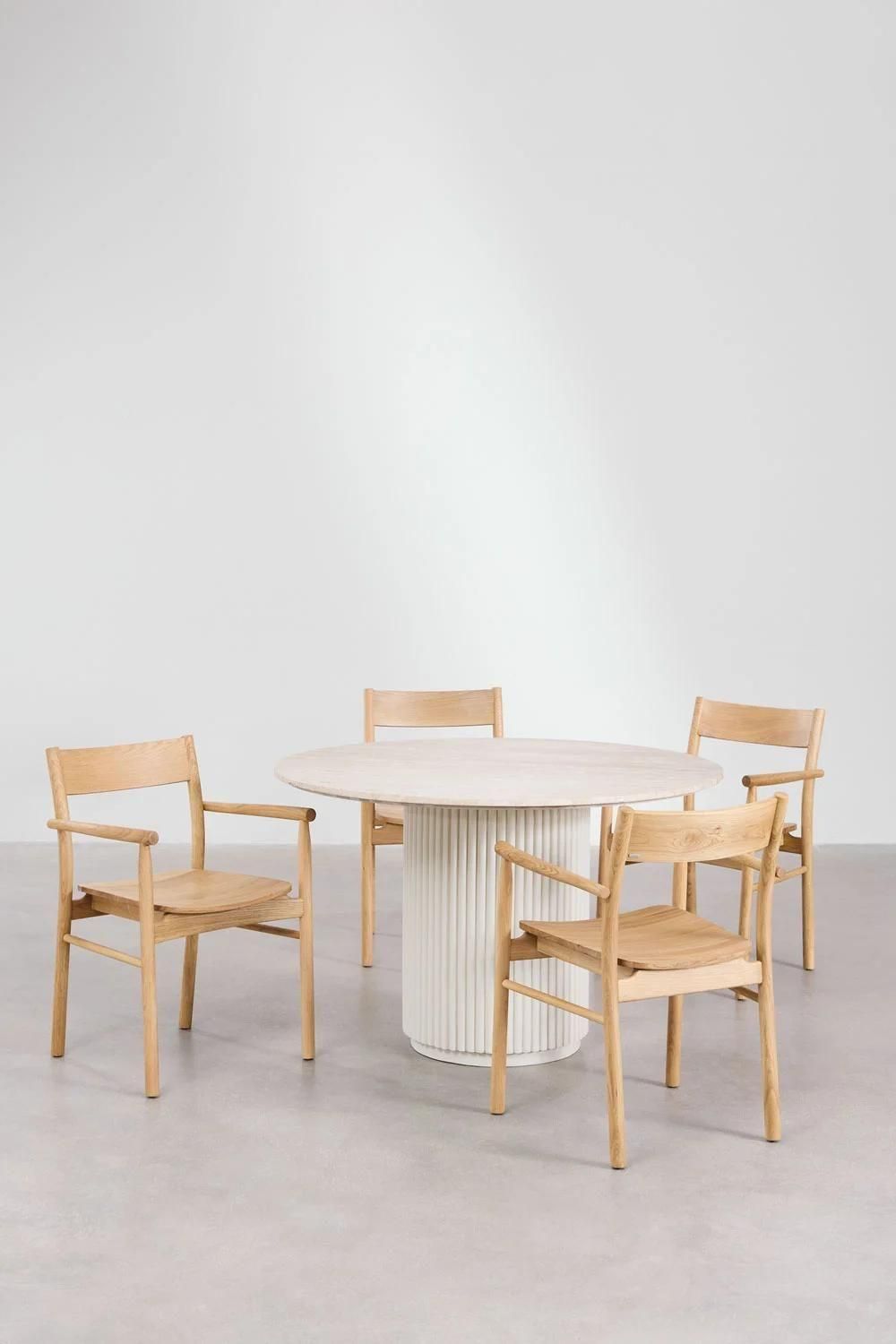 Ensemble Table Ronde Velia En Ciment Aspect Travertin (100 Cm) Et 4 Chaise... - 3