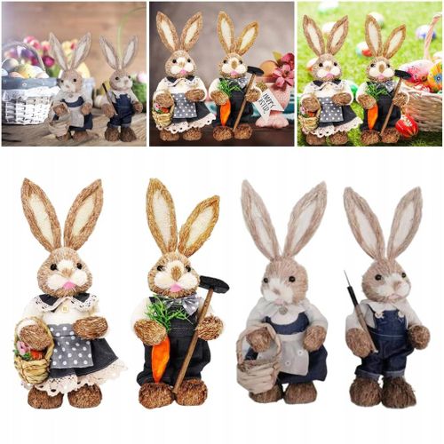 4 pièces. Décorations de lapin de Pâques en paille Sculptures de lapin