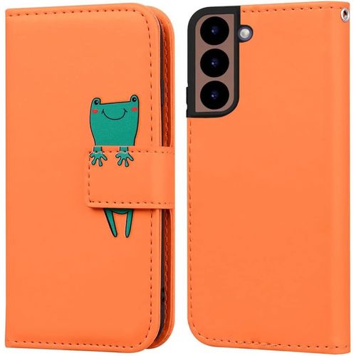 Coque Pour Samsung Galaxy S22 Plus, Mignon Cartoon Animal Grenouille Etui Portefeuille En Cuir Pu Housse Avec Fonction Stand, Emplacements De Cartes -Orange