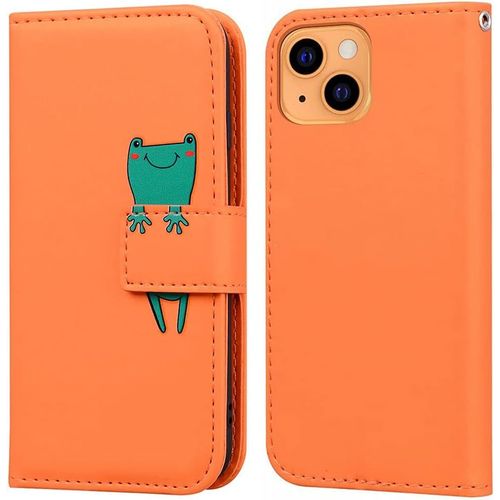 Coque Pour Iphone 13 (6,1 Pouces), Mignon Cartoon Animal Grenouille Etui Portefeuille En Cuir Pu Housse Avec Fonction Stand, Fermeture Magnetique, Emplacements De Cartes -Orange