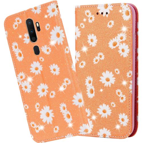 Coque Cuir Pour Oppo A9 2020 / Oppo A5 2020, Fleur De Marguerite Design Motif Dessin Portefeuille Housse Avec Case Antichoc Interieure, Etui A Rabat Protection, Cover Cuir - Orange