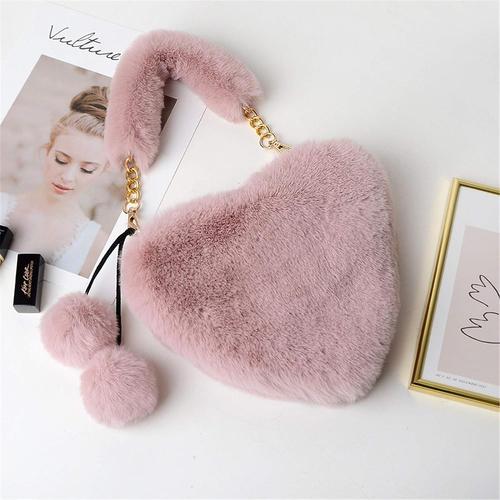 Mode coeur sac forme de coeur moelleux fausse fourrure de lapin sac à main automne hiver femmes sac en peluche coeur sac (rose)