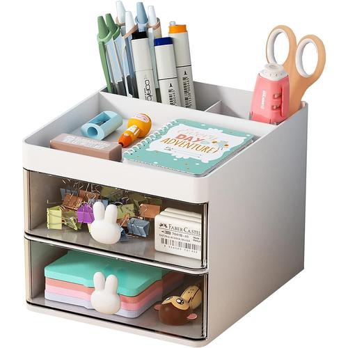 Organiseur De Bureau Avec 2 Tiroirs, Porte-Crayons De Bureau, Organisateur De Fournitures De Bureau Pour Fournitures Artistiques De Bureau Et De Maison (Blanc)