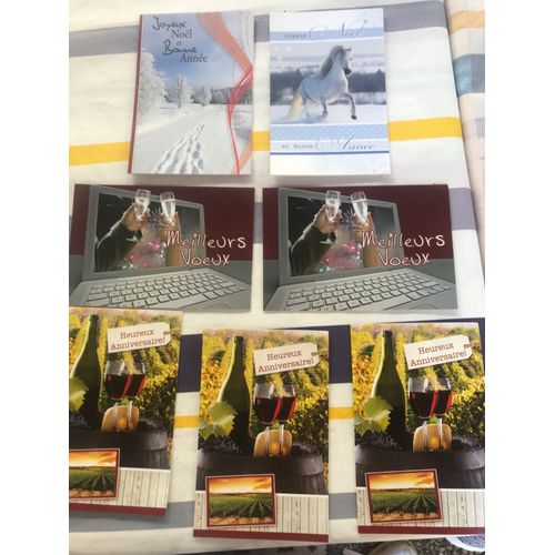 Lot De 7 Cartes, 5 Modèles Différents - 2 Joyeux Noël Et Bonne Année ; 2 Meilleurs Voeux ; 3 Heureux Anniversaire - Thème : Cheval, Paysage, Ordinateur, Vin - Non Utilisées