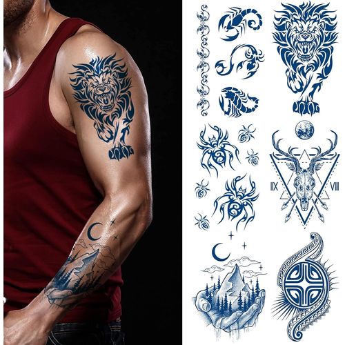 6 Feuilles Bleu Foncé Tatouages Ephemere Femmes Hommes Réalistes Faux Tatouage Visage Cou Bras Tatouage Semi-Permanent Lion Araignée Scorpion Kits Tatouage Adulte 