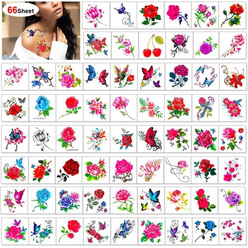 66 Feuilles Fleurs Tatouages Temporaires Autocollants Pour Femme, Fleurs Colorées Papillon Faux Tattoos Éphémères Étanches Pour Femmes Filles Corps Bras Poitrine Épaule Main Cou Poignet 