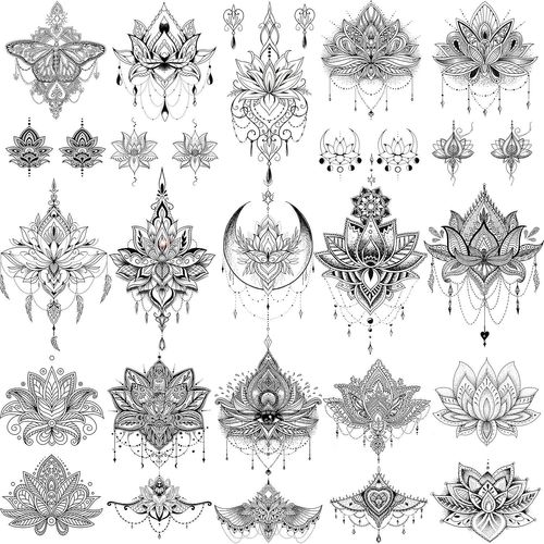 15 Feuilles Sexy Lotus Noir Tatouages Ephemere Femme Dame Mariage Mariées, Tribal Petit Faux Bijoux Dentelle Lune Papillon Fleurs Tatouages Temporaires Autocollant Filles Bras Cou Mains 