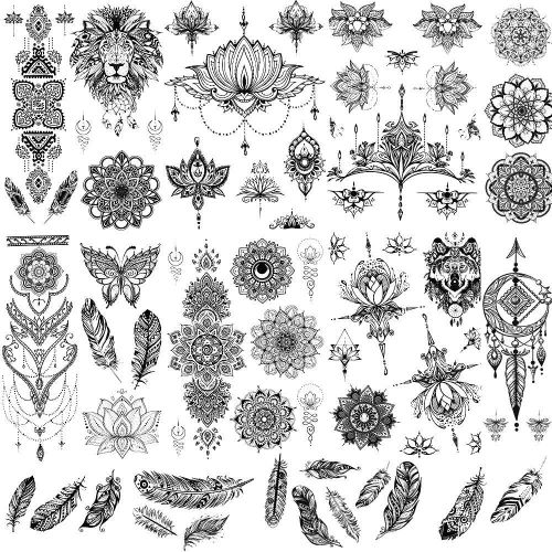 12 Feuilles Sexy Lotus Noir Tatouages Ephemere Femme, Tatouage Mandala Dreamcatcher, Tribal Petit Faux Bijoux Dentelle Fleurs Tatouages Temporaires Autocollant Filles Bras Cou Mains, Noirs 