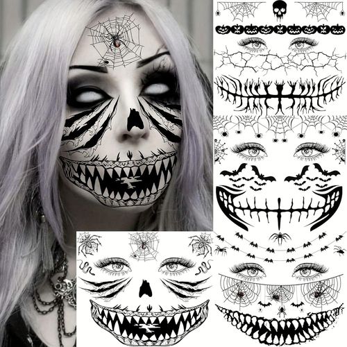 4 Feuilles Toile Araignée Déguisement Halloween Tatouage Visage Sorcière Zombi Maquillage Dia De Los Muertos Tatouage Ephemere Femme Homme Adult Faux Tatouage Temporaire Halloween Costume 3d