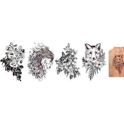 Lot De 4 Feuilles De Tatouages Temporaires Motif Renard, Cheval, Papillon, Fleurs, Oiseaux, Hanna 4 