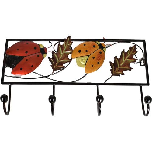 Porte Manteau Mural En Métal Décoration Coccinelle-Original-Patère Acier 4 Crochets-Accroche Torchons, Serviettes, Clés, Balaies Pour La Maison, Cuisine, Salle De Bain, Garage-L 43 X H 25cm