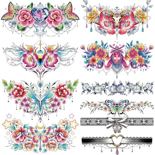 20 Feuilles Tatouage Ephemere Femme, Couleur Grande Fleur Faux Tatouage Femme Sexy Réaliste, Imperméable Tatouages Ephémères Corporel Couvrir Dos Bras Cou 