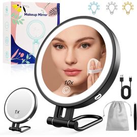 1x/10x Miroir Grossissant Lumineux, Miroir Maquillage Lumineux, 3 Couleurs De Lumière, Et Luminosité Réglable De 20% À 100%, Boîtier En Métal Du Miroir De Voyage 3000mah-Noir 