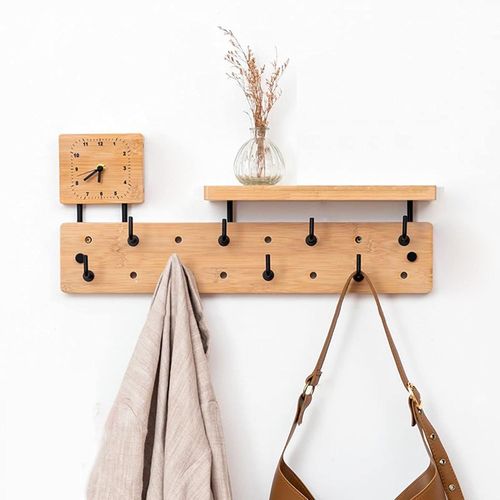 Patères Avec Étagère Murale Rustique En Bambou Pour Étagère D'entrée, Porte-Manteau Monté Sur Ferme, Étagère Supérieure Pour Le Rangement, Parfait Pour Votre Entrée, Cuisine, Sal