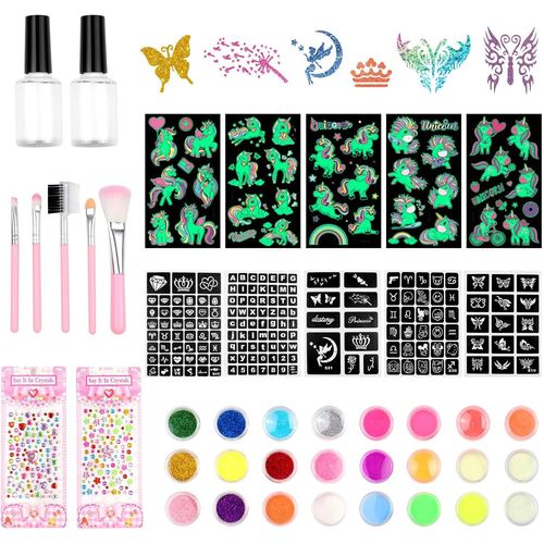 Kit Tatouage Enfant, Kit Maquillage De Tatouage Paillette, 163 Pochoirs, 12 Paillettes De Couleurs, 12 Poudres Brillantes, 2 Stickers Strass, 5 Tatouages Licorne, 5 Pinceaux, 2 Colles Pour Fête 