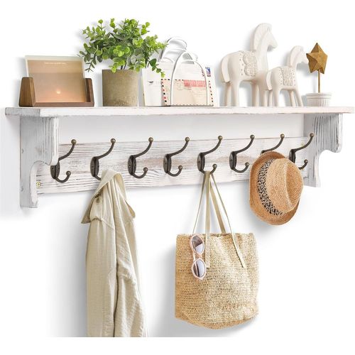 Porte-Manteau Mural Avec Étagère, Porte-Manteau En Bois Massif, Étagère D'Entrée Avec 8 Crochets, Plaque À Clés Et Crochets Pour Couloir, Chambre À Coucher, Salle De Bain-91cm