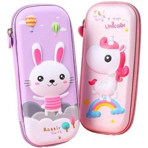 Lot De 2 Trousses Scolaires Trousse À Crayon Trousse 3d Idéal Pour Fille/Garçon Étudiants Cadeau D'anniversaire(Licorne Rose/Lapin Violet)