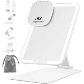 Miroir Cosmétique Rechargeable 1500 Mah Avec Éclairage, Mini Miroir Grossissant 15 X Avec 3 Couleurs À Intensité Variable, Miroir De Maquillage Pliable, Ultra Fin Et Portable(Blanc) 