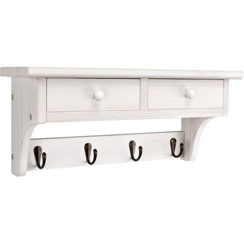 Patère Murale En Bois Rustique Avec Étagère, 2 Tiroirs Et 4 Crochets En Métal, Style Vintage Pour Couloir, Entrée, Salon, Chambre À Coucher(Blanc Vintage)